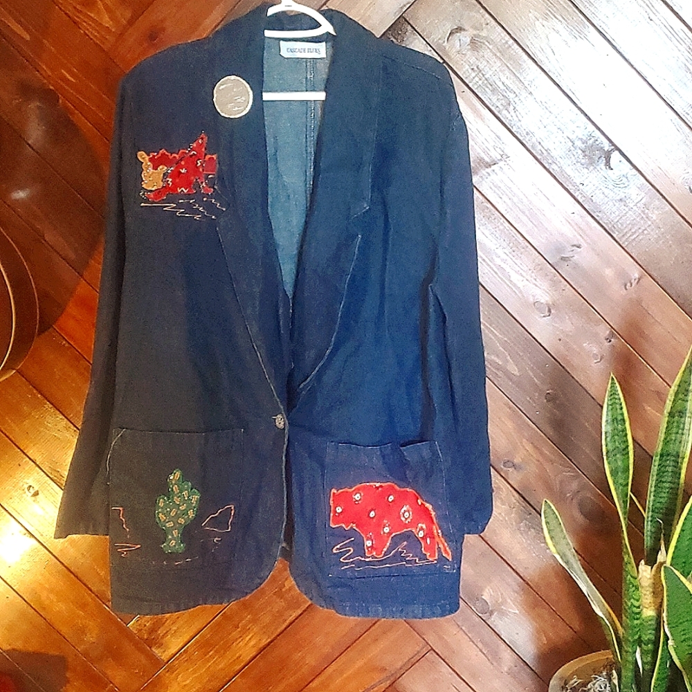 Vintage hand painted western denim blazer size L to XL. Cascade Blues jacket